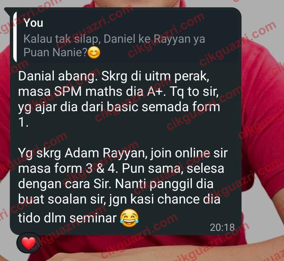 Testimoni ibu bapa: anak dapat A+ Matematik SPM selepas tuisyen Matematik bersama Cikgu Azri sejak Tingkatan 1