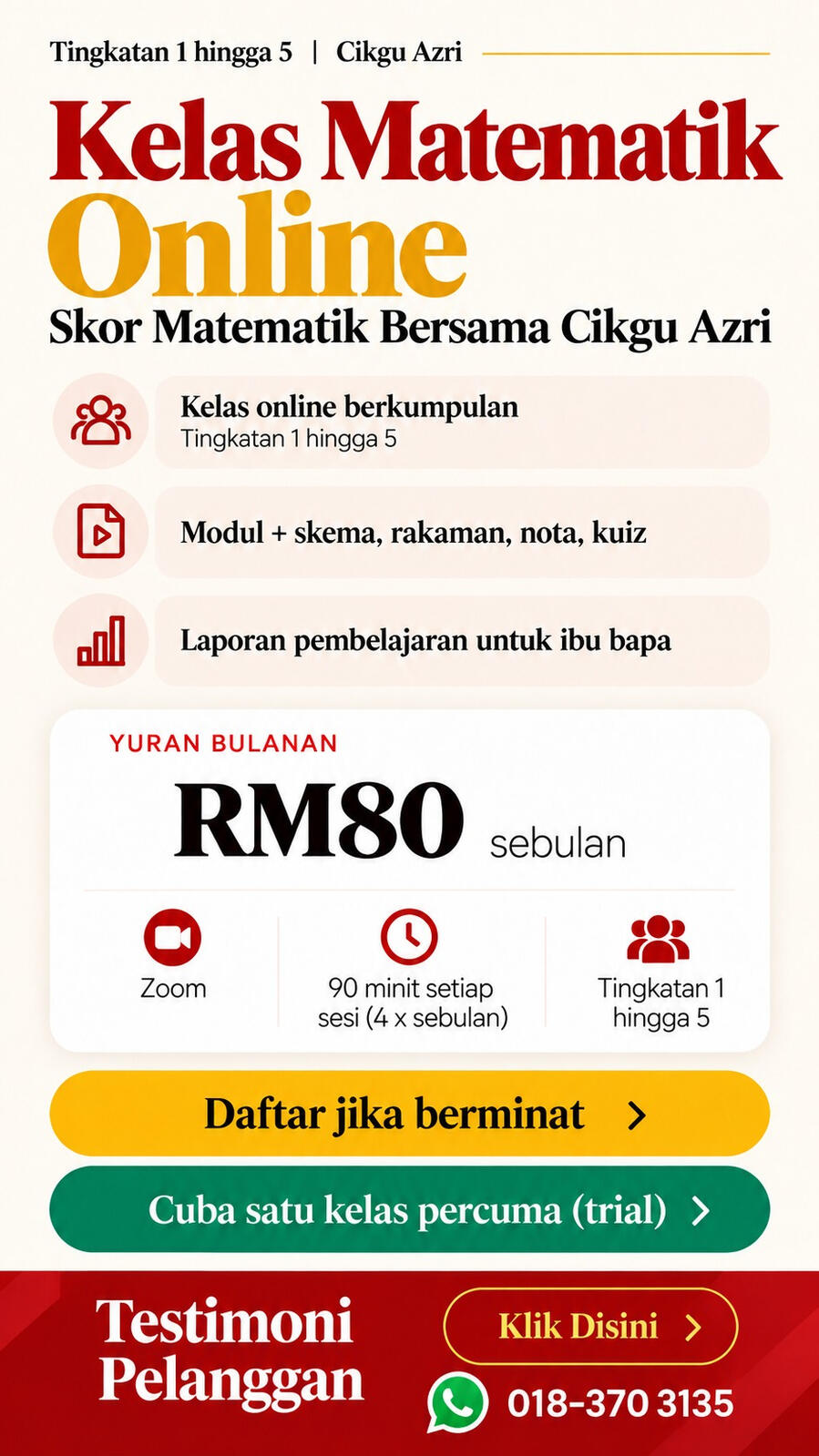 Kelas Matematik Online Tingkatan 1 hingga 5 bersama Cikgu Azri: kelas berkumpulan di Zoom, modul dan skema, rakaman, nota, kuiz, laporan untuk ibu bapa, yuran RM80 sebulan